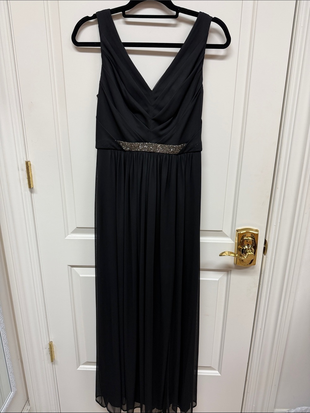 David’s Bridal Black Sleeveless V-Neck Evening Dress with Beaded Waist